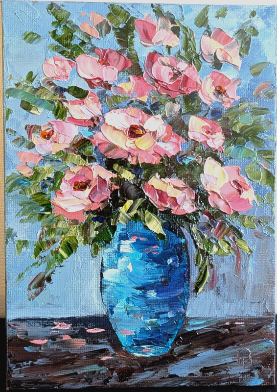 ORIGINAL OIL Painting » ROSES in VASE» impasto 7″x5″ by Olga Diduh.