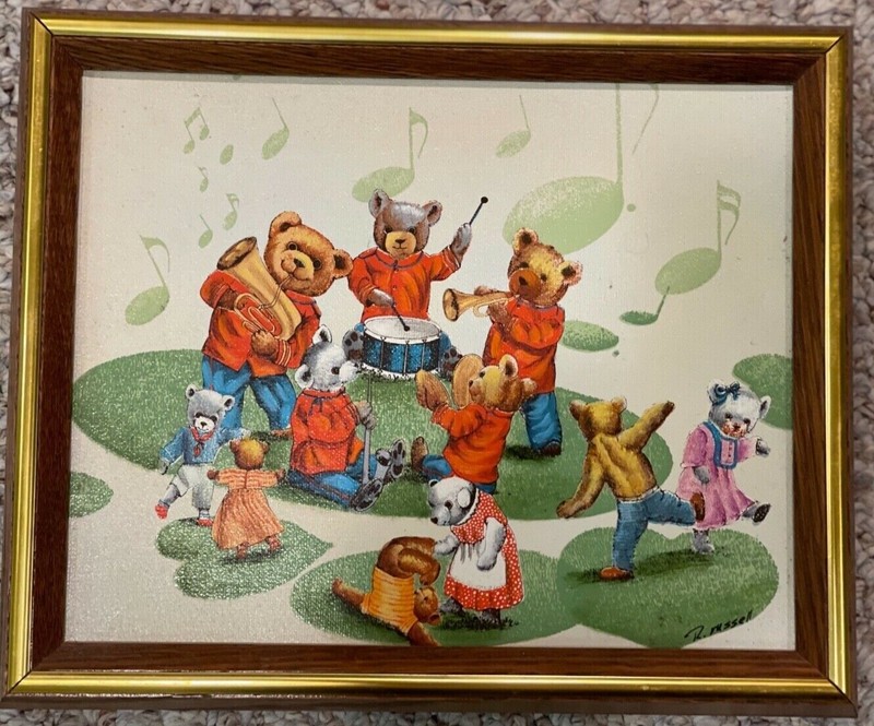 R Russel Framed Bears Dancing and Playing Music Painting on Canvas 8×10