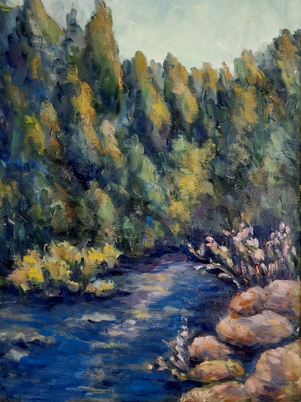 Oil Painting Landscape High Mountains River Forest Trees Framed OOAK by Donalee