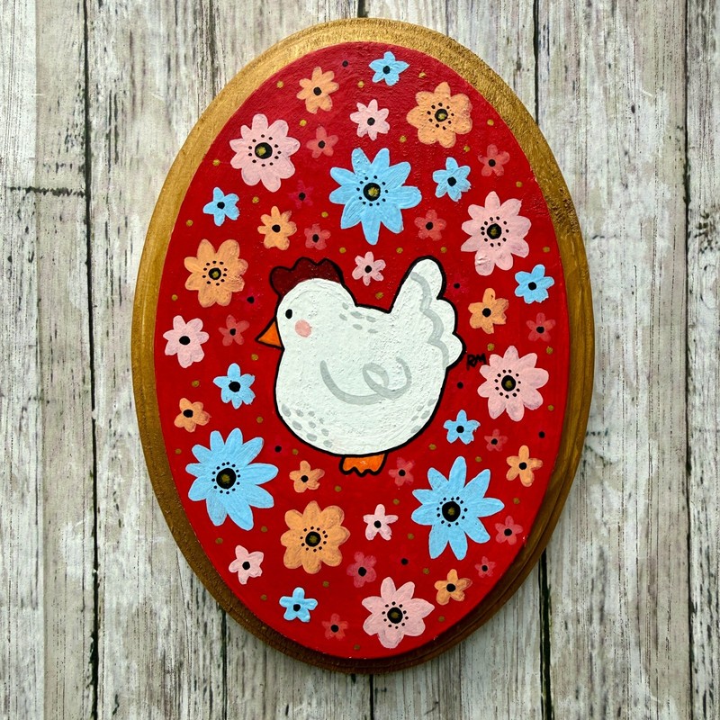 Red Floral Chicken Original Hand Painted Oval Wood Plaque Wall Art 5×7 inches