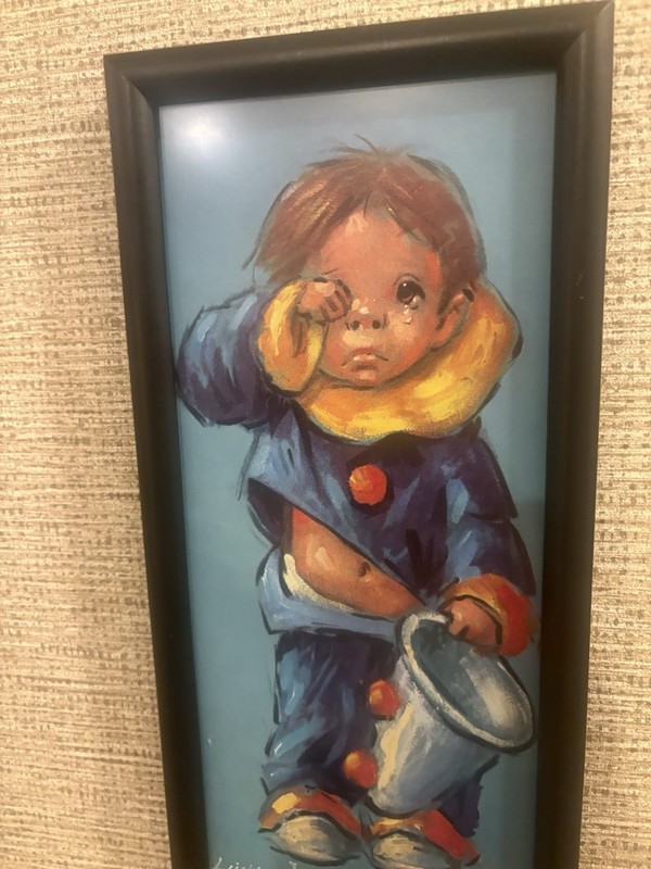 Leighton Jones Framed Signed Clown Child Acrylic Painting on Canvas, Small 13x6" gallery