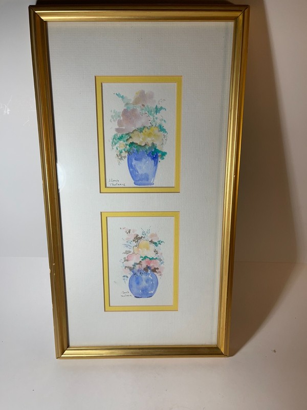Custom framed and matted floral watercolor signed J. Louis Tholance, 17″x9″