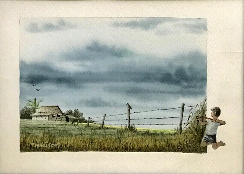Original Signed FRANCISCO Watercolor Australian Landscape Boy w/ Sling-Shot Bird