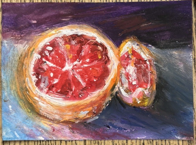 ACEO PRINT Juicy Ruby Grapefruit, Oil Pastel Still Life Painting 3.5×2.5 in