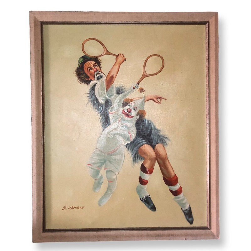 Vintage Clowns Playing Tennis Oil Painting Framed Signed O’Hammer