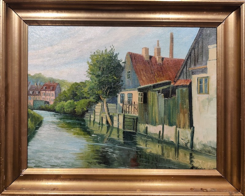 Georg Skodstrup (1887-?): RIVERSIDE HOMES, original oil painting