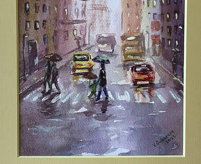 watercolor paintings original landscapes Rain urban landscape in Passepartout gallery