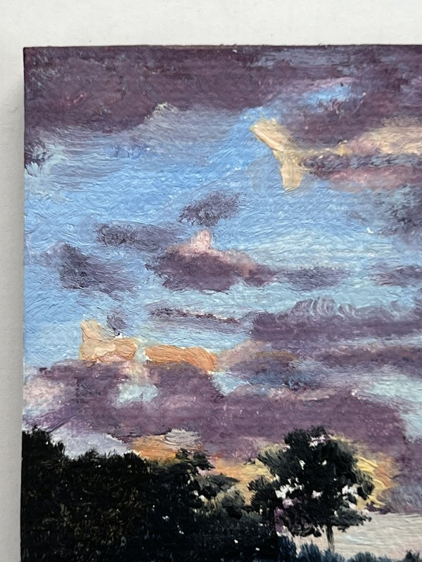 J R Baldini Oil on Canvas Plein Air Painting Sunset Dusk Colorful Clouds 3x3” gallery