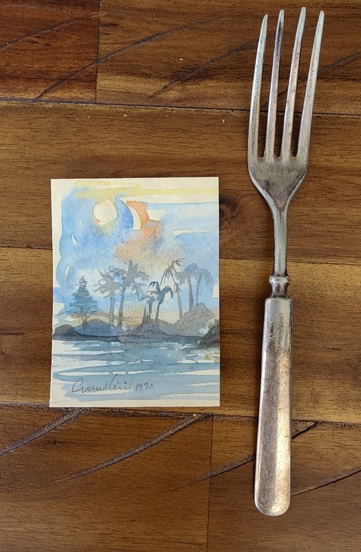 CRAMOLINI ACEO Palmtree Beach ORIGINAL Drawing Painting 2-1/2X3-1/2" Watercolor gallery