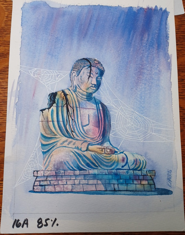 Org Watercolor for Voice Magazine Buddha Statue Cobwebs By K. Harris RRP 888