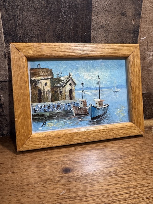 Vintage Nautical Harbor Oil Painting Signed Davis MCM Impasto Fishing Boat Art
