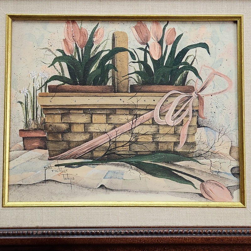 Pat Richter “Tulips” Wood Framed Art Basket Flower Vase Beautiful Kitchen Decor gallery