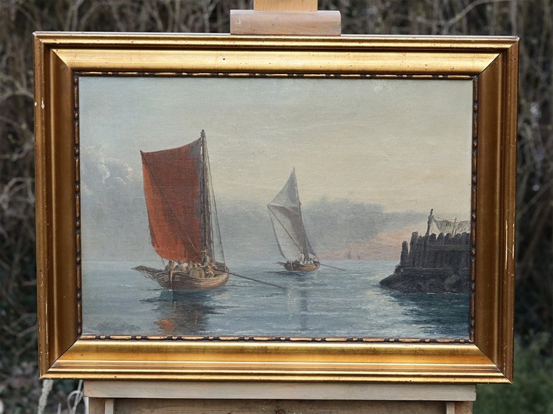 Marine Painting Sailing Boats in Harbor Oil on Canvas Framed Signed Antique gallery