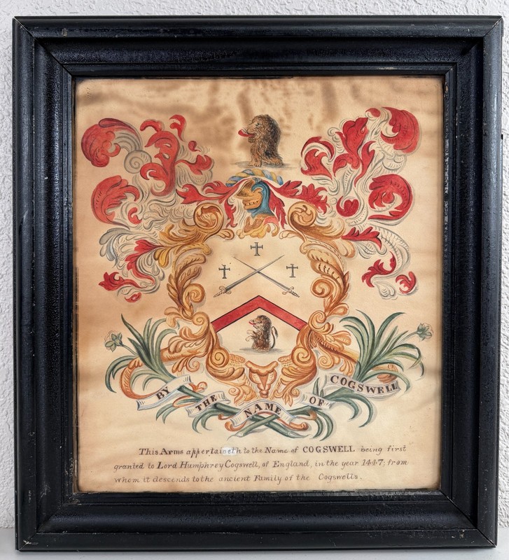 Antique 19th C. COGSWELL Coat Of Arms Watercolor Painting English Heraldry Crest