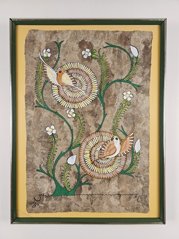 Vintage Original Primitive South American Painting 25×19 Framed Art, Bird Flower