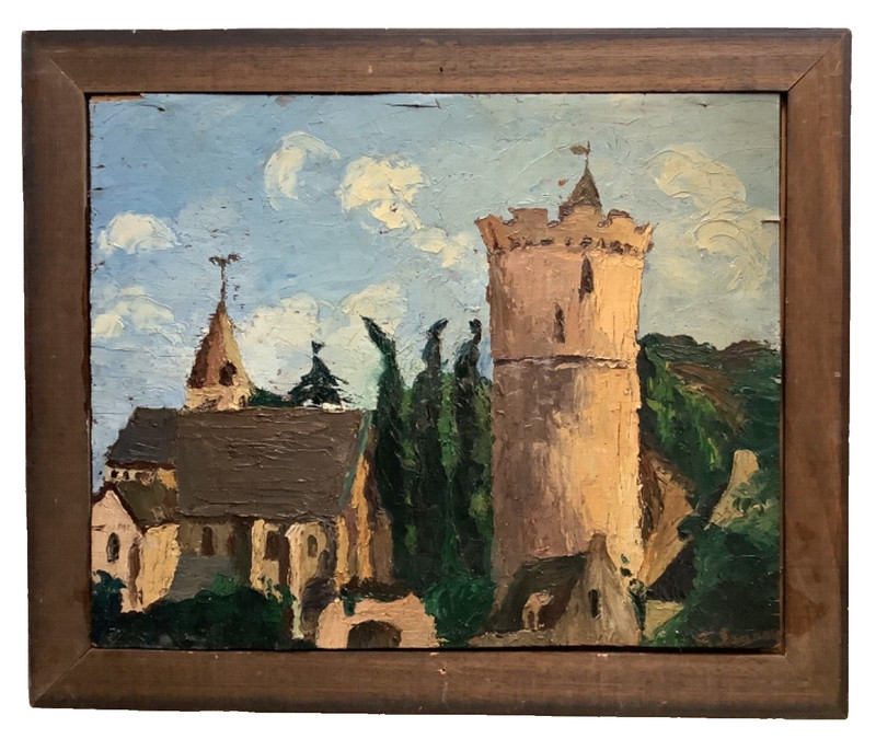 ANTIQUE IMPRESSIONISM BRETON WOMEN IN FRONT OF THE CHURCH FRENCH OIL PAINTING gallery