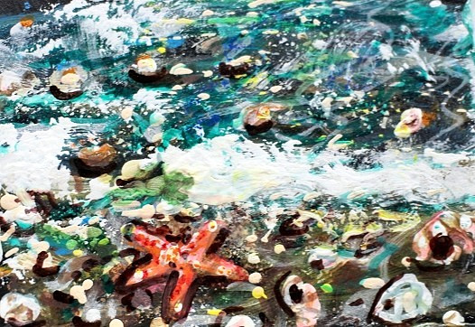 ORIGINAL ACEO Painting BEACH Seashell Ocean Sand Starfish Summer Shore ATC ART