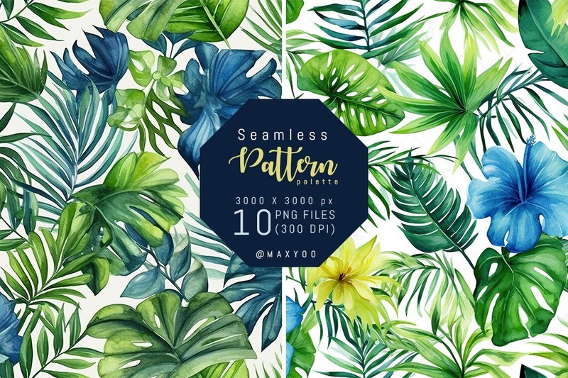 10 Watercolor Tropical Patterns, Greenery Leaves, Seamless Pattern, PNGs gallery