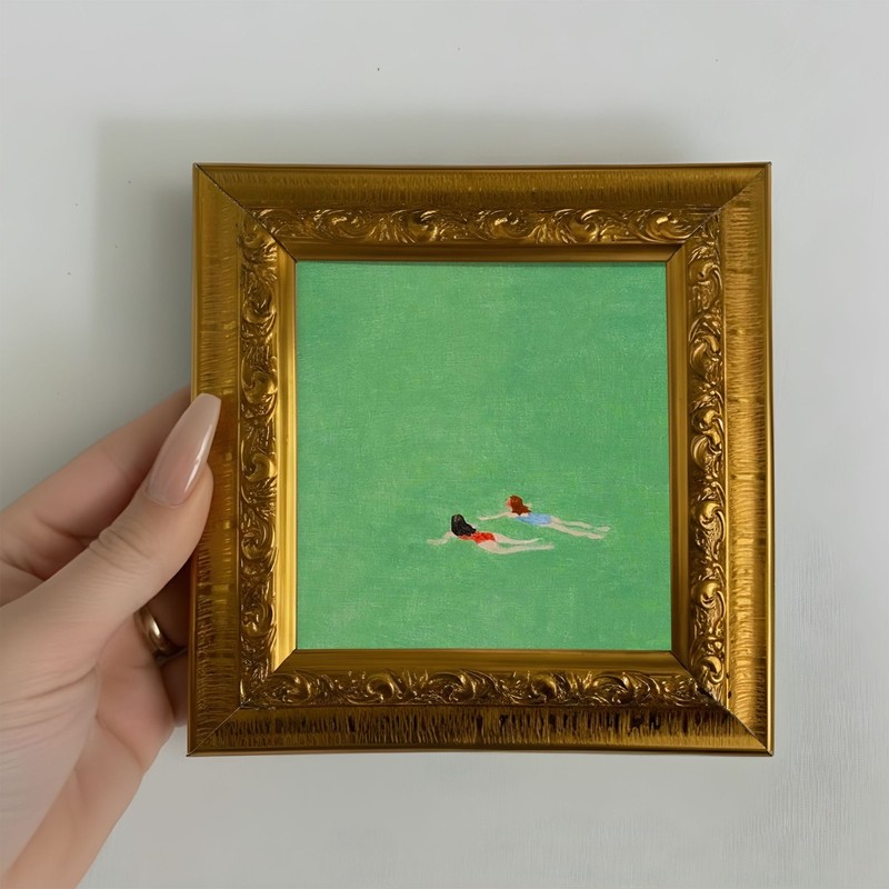 Two Women Swimming Oil Painting, Small Framed Original Art For Home Decor