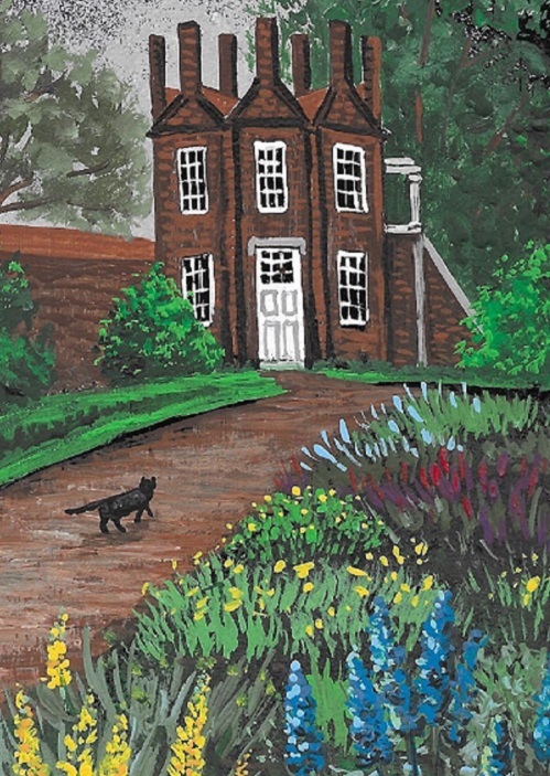 ACEO PRINT OF PAINTING RYTA BLACK CAT BRITISH LANDSCAPE SPRING FLOWERS GARDEN 🌺