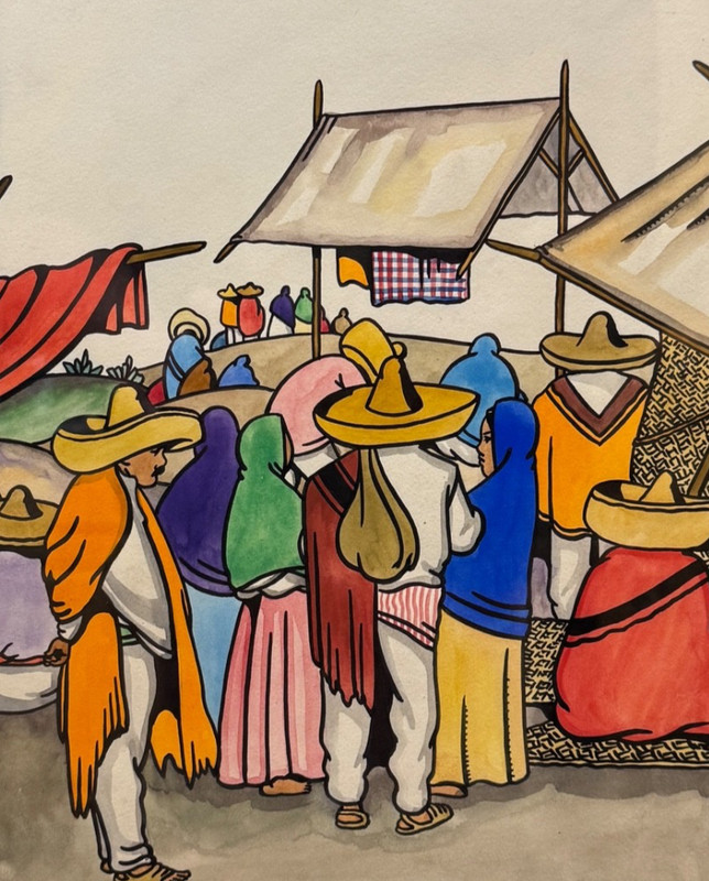 Original Vintage Jorge A Murillo Watercolor Village Market Scene Folk Art 15×13″
