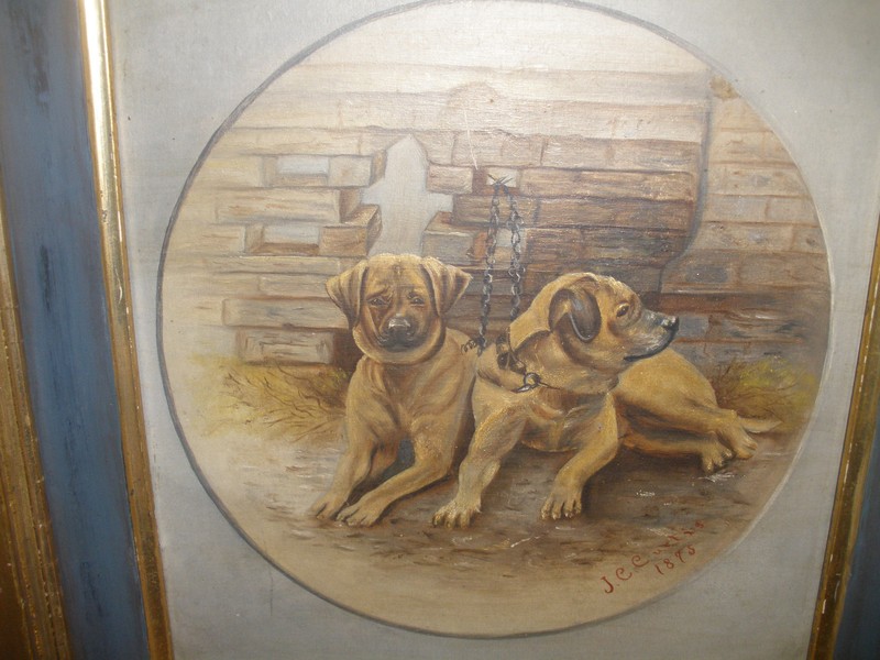 19thc Antique 1875 oil painting signed artist CURTIS signed two dogs oil board