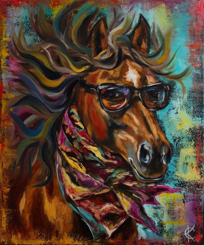 art 187 Original Oil Painting Horse with Sunglasses Scarf Modern Animal Portrait