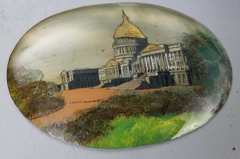 Antique/Vintage US Capital Building Reverse Image Painting on Oval Convex Glass