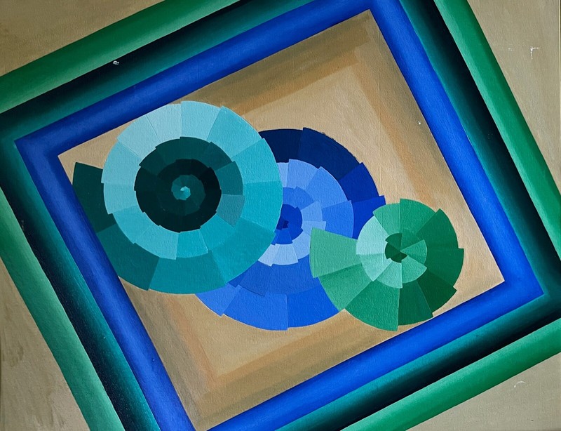 VIntage 1980s Geometric Optical Art Hard Edge Oil Painting Modern Wall Hanging