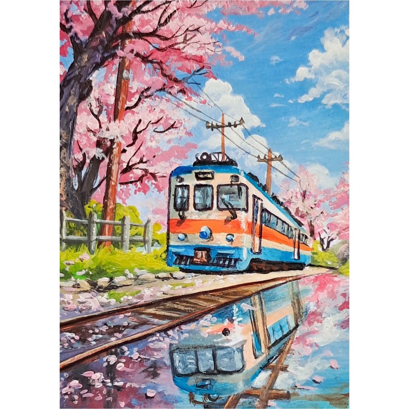 Original ACEO Acrylic Train Painting Cherry Blossom Landscape Mini Art OOAK