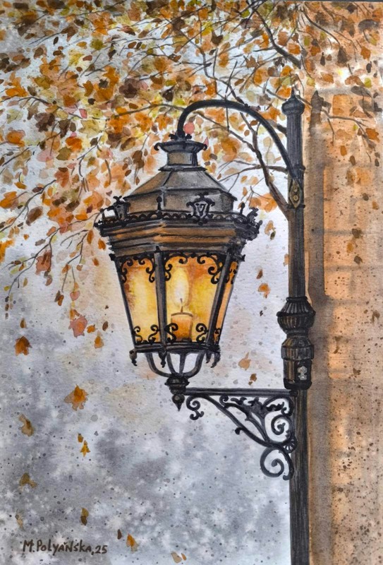 VINTAGE LANTERN MAPLE LEAVES AUTUMN Original Artworks Painting Landscape Gift A4
