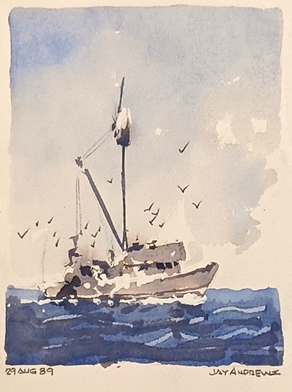 Original Watercolor ~ Tugboat ~ San Diego California Artist Jay Andrews 8 x 6