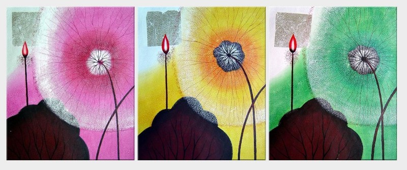 24×60 Lotuses Flower of Summer 3 Canvas Set Oil Painting Asian