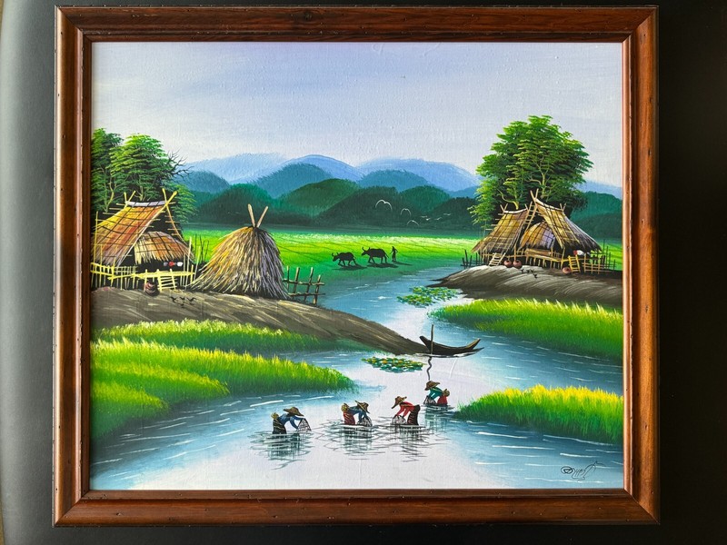 Original 23×27″ Painting on Organic Board Ft. Thailand Village in Wood Frame