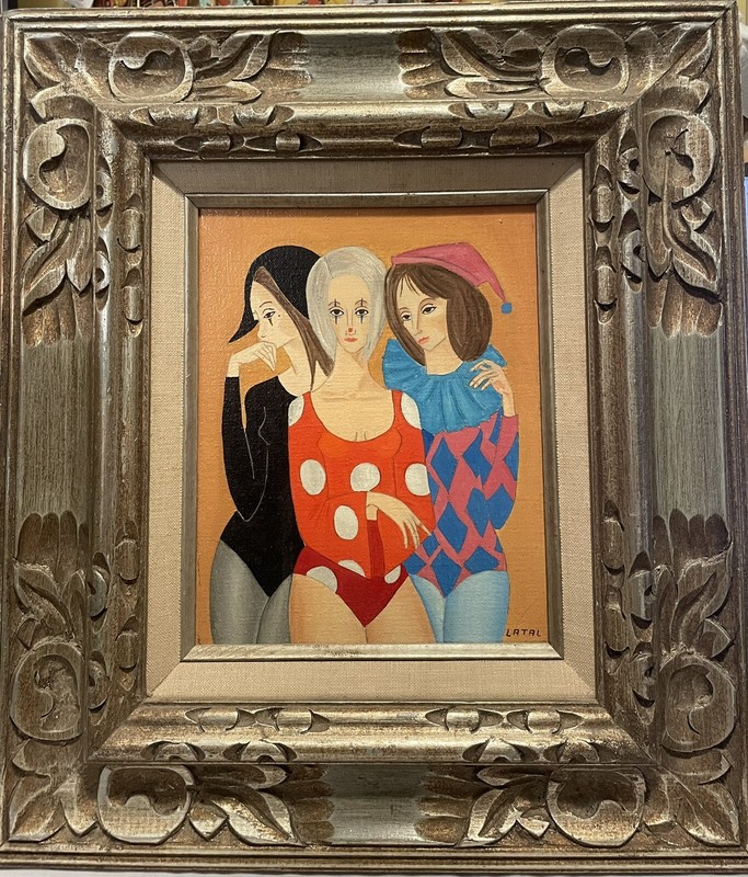 3 Harlequin Girls Jesters Painting By Latal On Canvas 8 X 10 Size Plus Frame