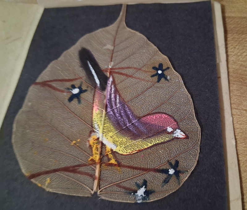Hand Painted Pipal Tree Leaf Bird Skeleton Floral Oil Art India Multicolor Vtg gallery