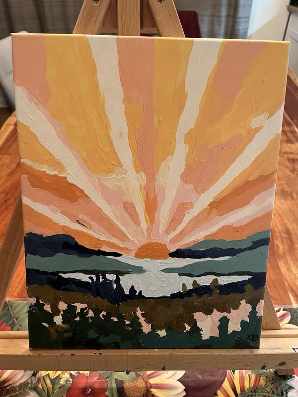 New hand painted by me acrylic on canvas painting forest sunset
