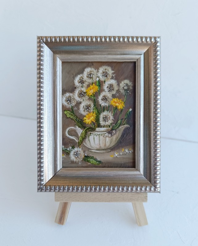 ACEO Dandelions in White Vase Oil Painting Framed Still Life artwork 2.5×3.5 in