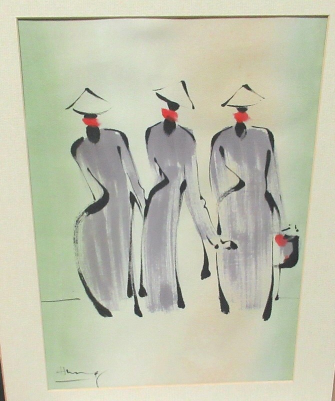 THREE VIETNAMESE LADIES FASHION WATERCOLOR ON SILK PAINTING SIGNED