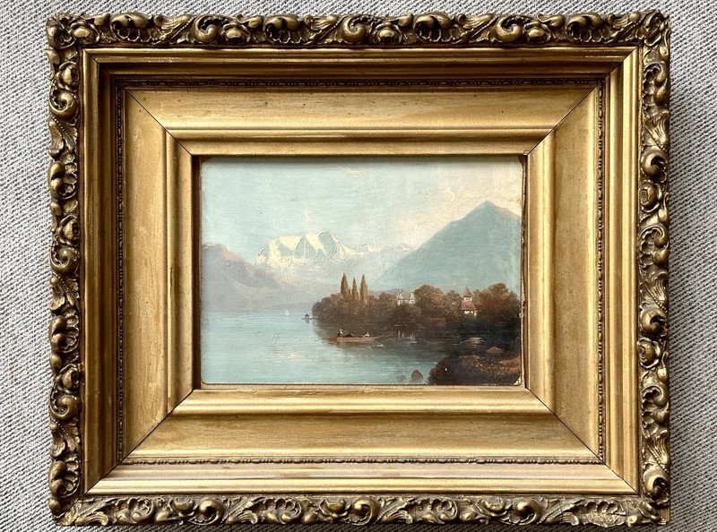 Antique Continental Mountainous Riverscape with Island and Boat, Oil on Board gallery