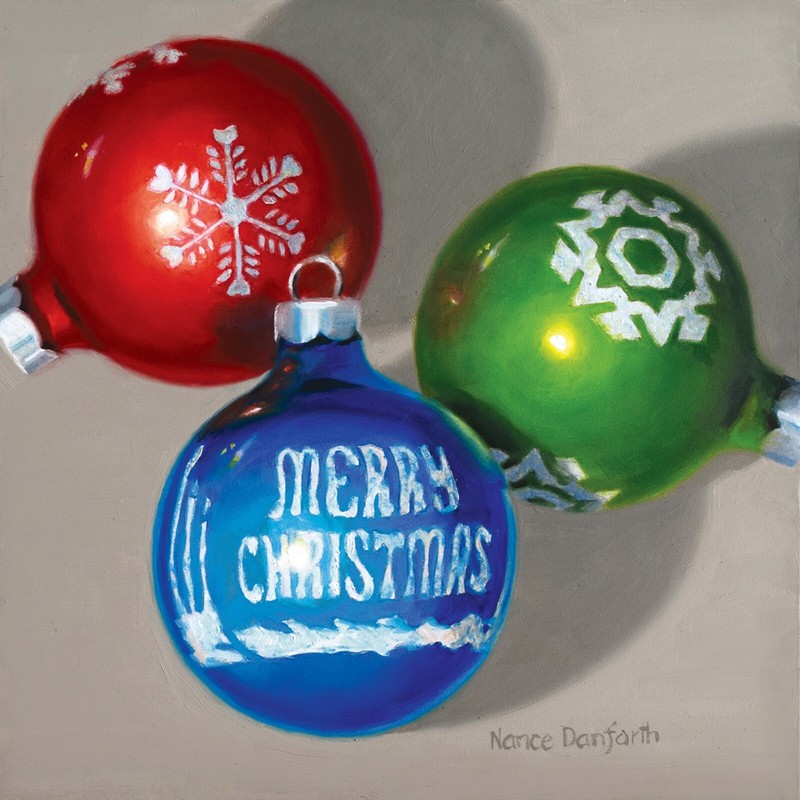 DANFORTH Christmas Tree Bulbs, 8×8 still life realistic original oil painting