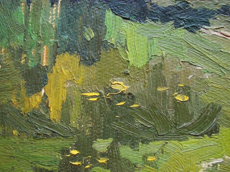 Ukrainian Soviet USSR Oil Painting landscape dirt road fild haystack sunflowers gallery