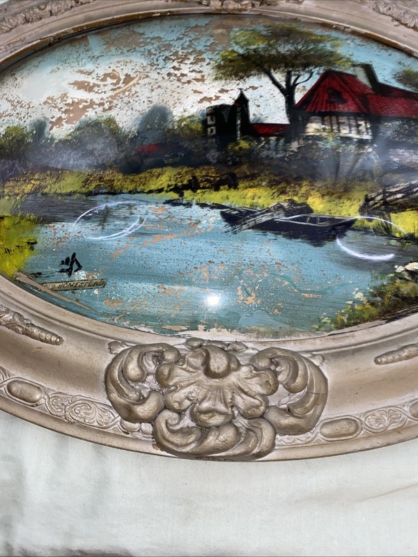 Vtg Old Homestead Convex Oval Bubble Glass Reverse Painting Gesso Frame gallery