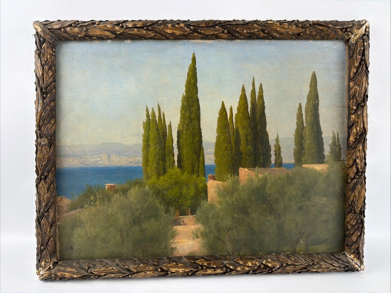 Antique Mediterranean Cypress Landscape Oil Painting on Wood Panel Framed