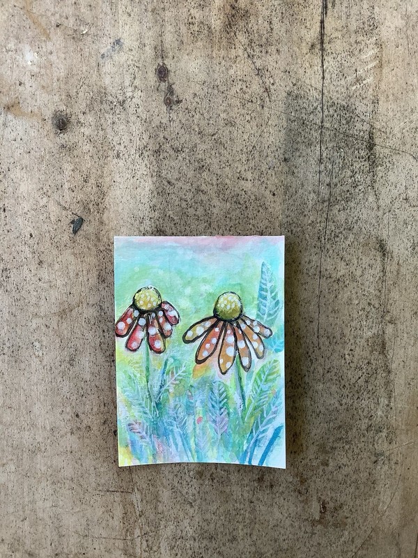 Aceo By Kenna Watercolour Painting Original Cone Flowers 2.5”X 3.5” Signed gallery