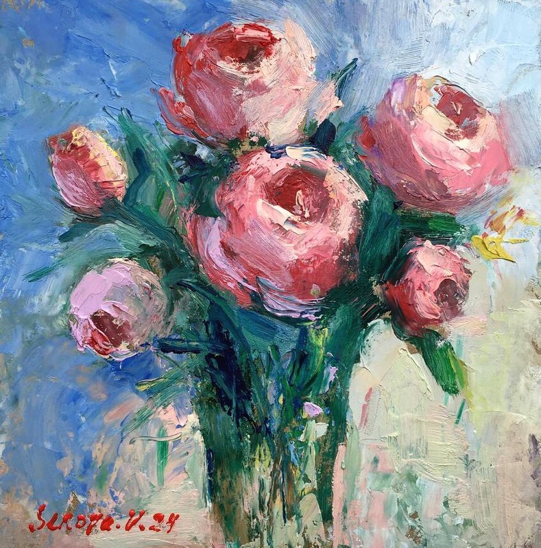 Floral Abstract Original Painting Roses Gift Spring wall small Decor red rose