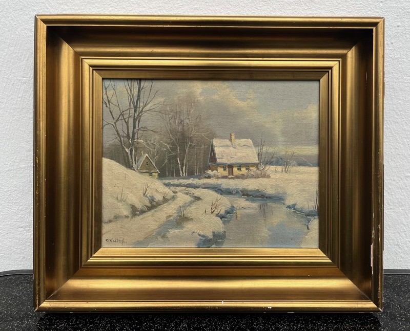 Impressionist Carl Veilsø Snowy Winter Landscape House And Stream Oil Painting gallery