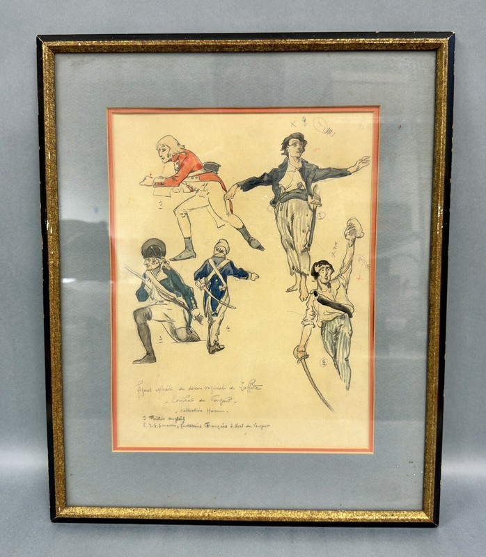 Antique Painting, Original Watercolor of French Military Officer And Sailor