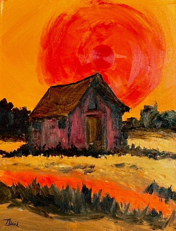 Red Sun Landscape Painting 11×14 Original Rustic Cabin Expressionist Art