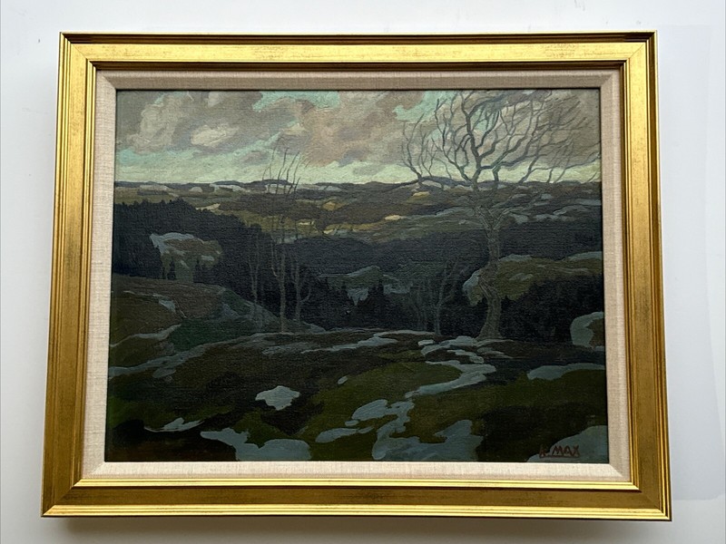 ANTIQUE LANDSCAPE PAINTING GROUP OF SEVEN STYLE SIGNED MAX NEW YORK 1920’S OIL